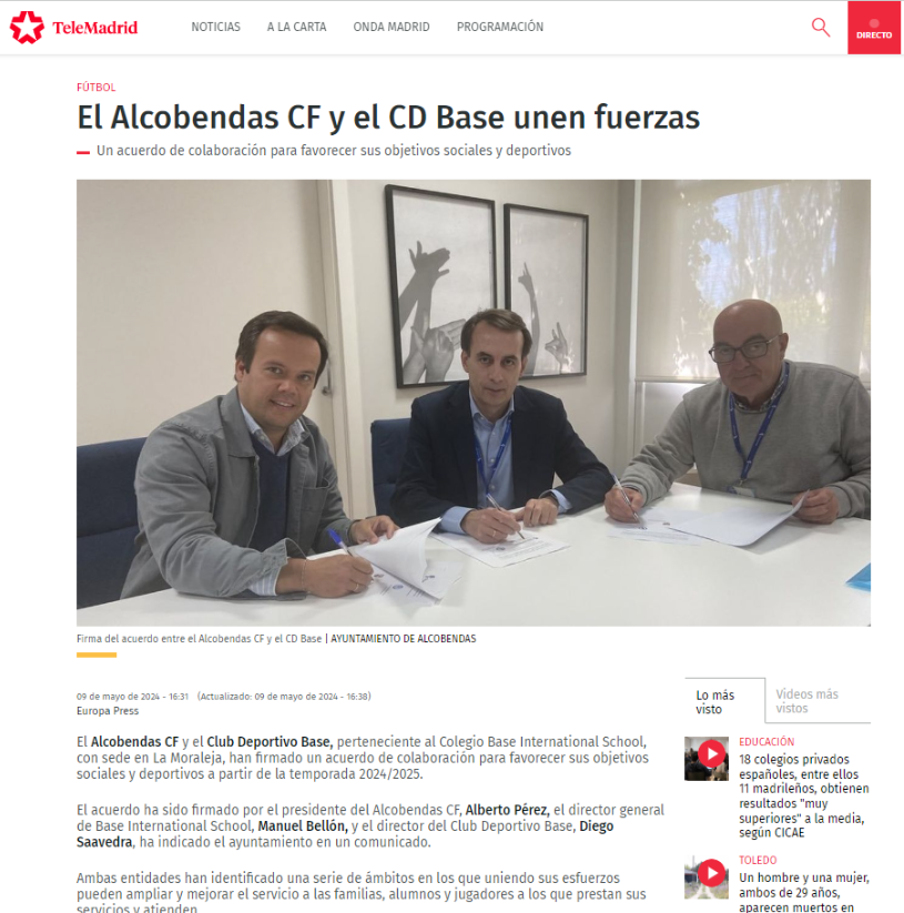 Alcobendas CF y CD Base unen sus fuerzas - Colegio Base International School - Prensa - 9 mayo 2024